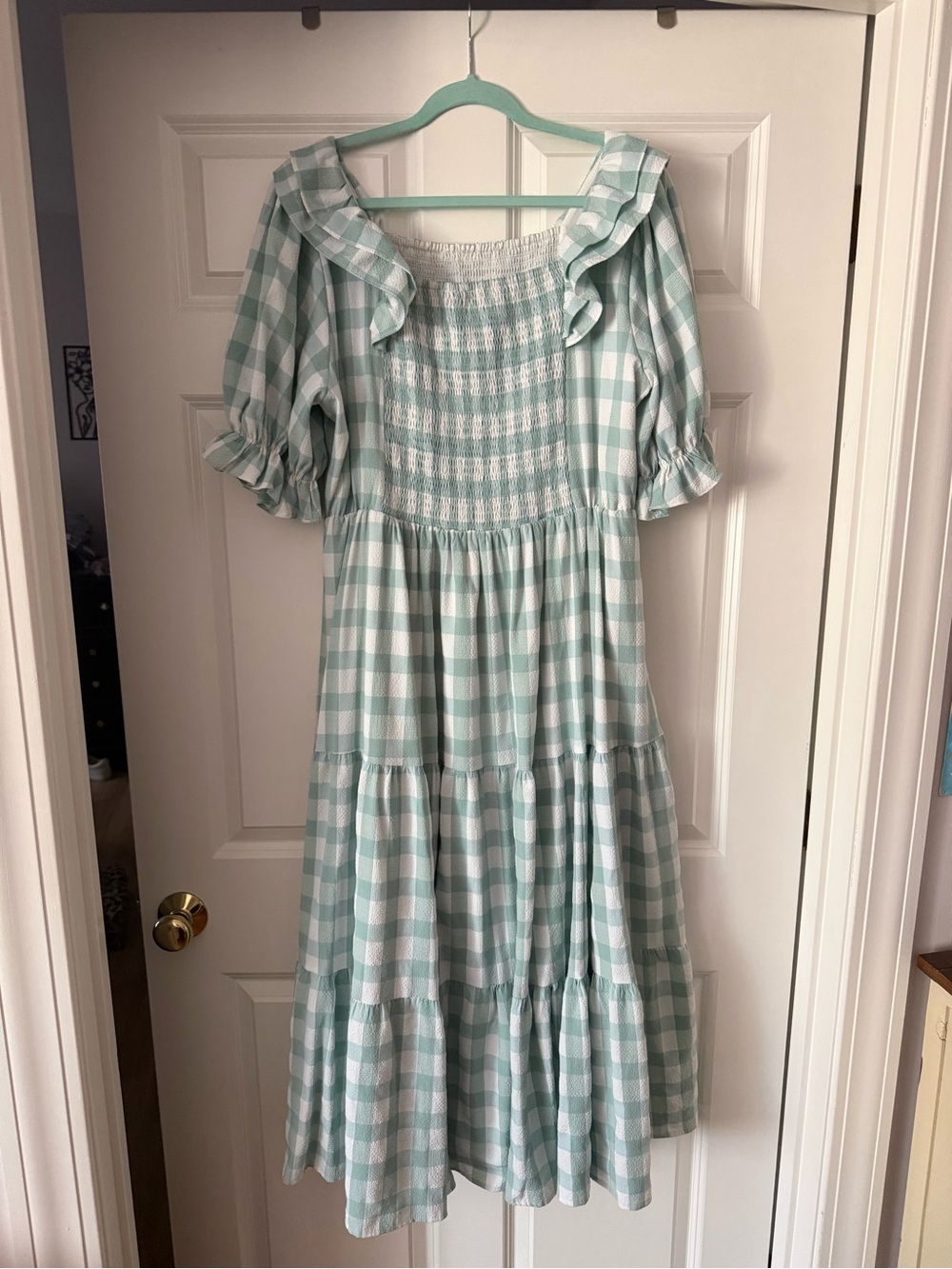 JessaKae Mint Gingham Smocked Tiered Dress